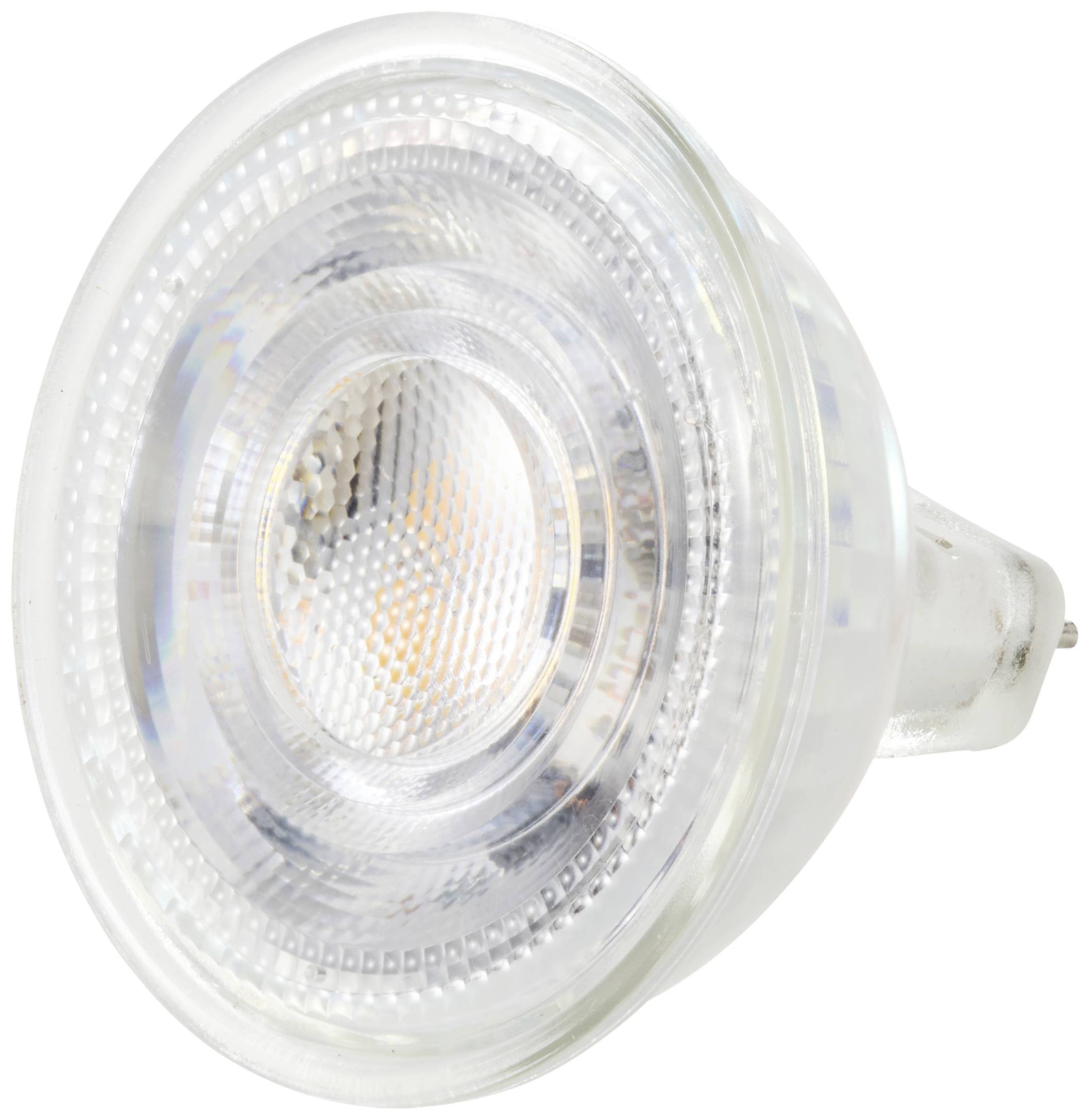 A clear LED light bulb with a metal fitting, angled towards the viewer. It is switched off and reveals its internal structure.