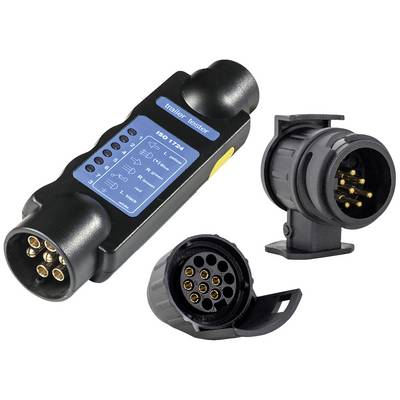 A 12-volt trailer tester with ISO 1724. It is used for testing trailer lights. Beside it are two 7-pin connectors.