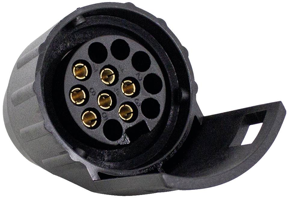 'An adaptor plug with seven metal pins and a protective casing'