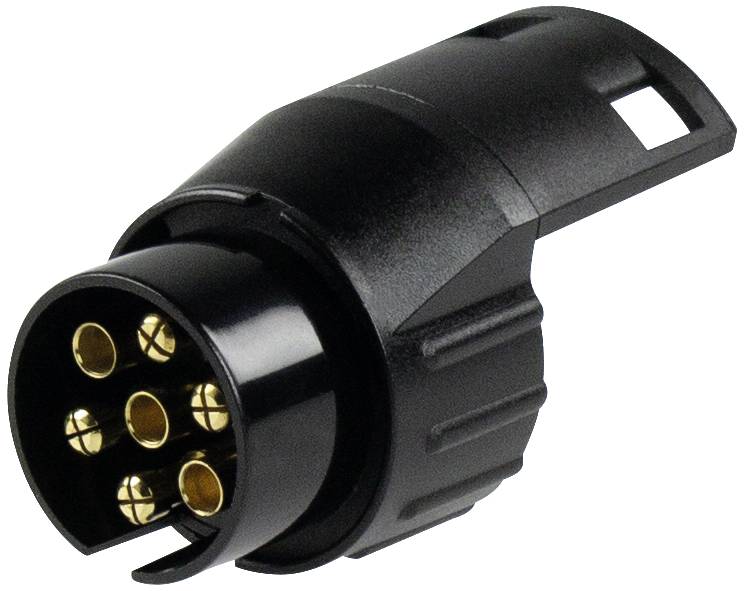 Black round socket adapter with seven golden contacts, used for trailer connections.