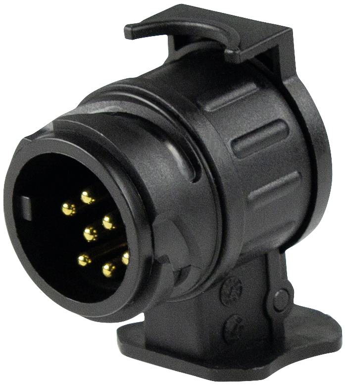 Black, cylindrical electrical connector with multiple golden metal pins, used for electrical connection in vehicles.