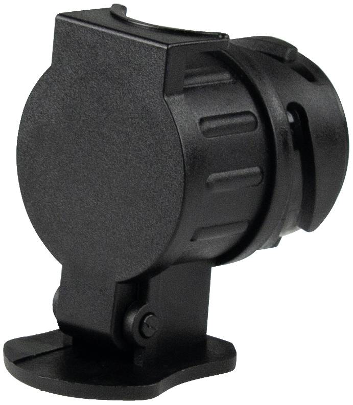 Black plastic mounting bracket with a ribbed cylindrical form and flat base, suitable for attaching or supporting equipment.
