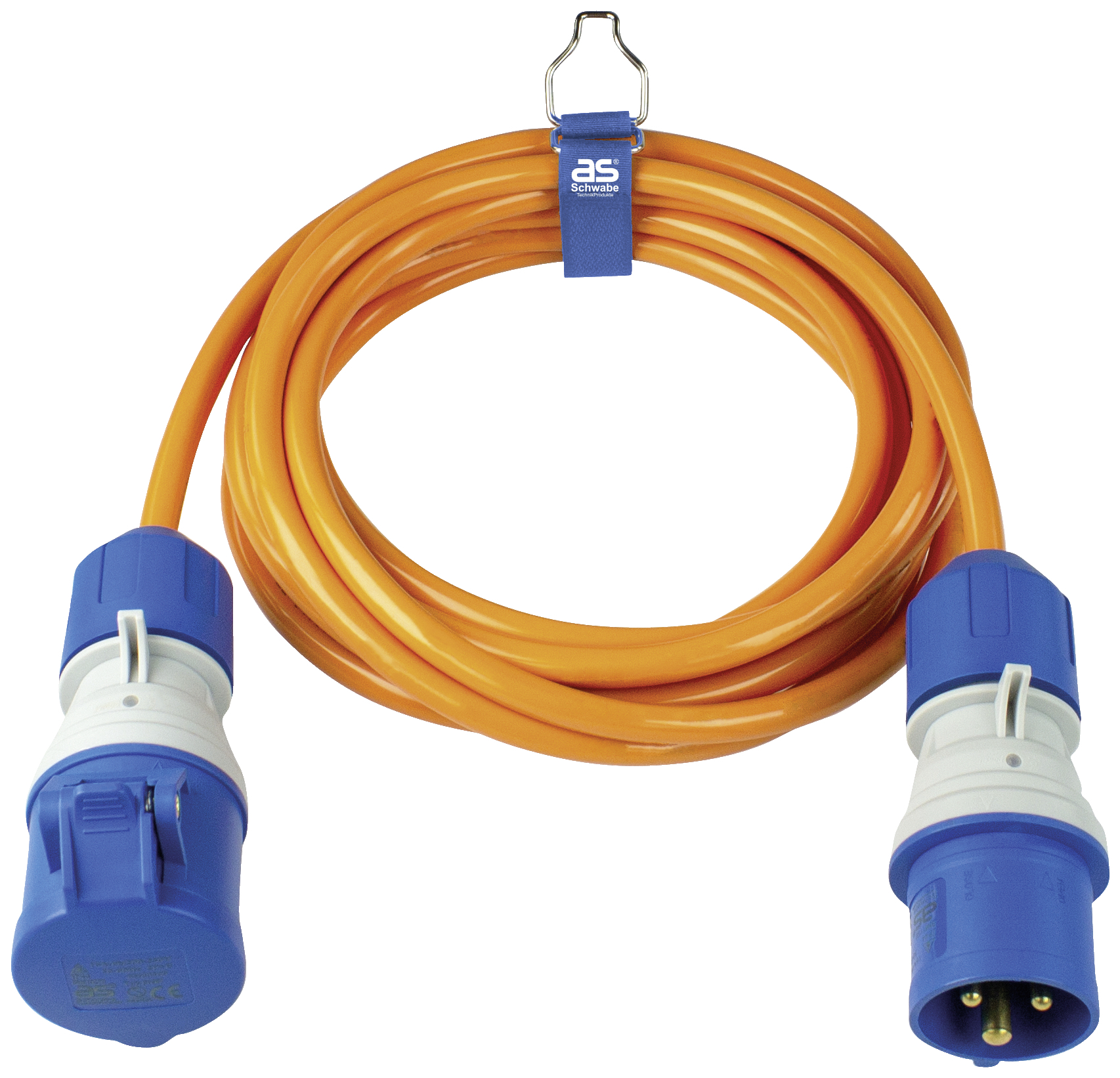 An orange extension lead with blue plugs and sockets, coiled and hung on a blue hanger.