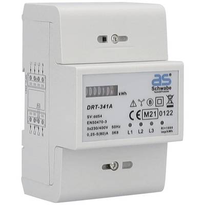 White electricity meter, model 'DRT-341A', displaying kWh measurement. Carries CE marking, suitable for 3x230/400V, 50Hz connection.