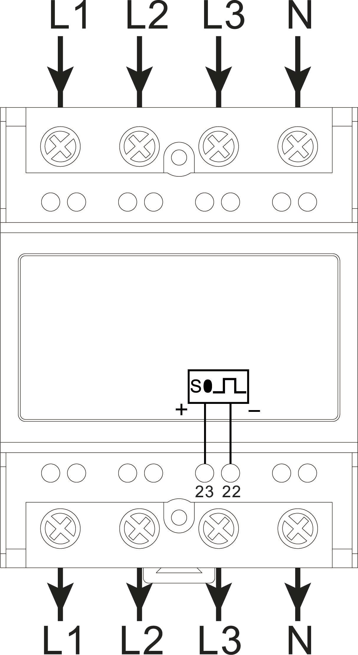 'Circuit symbol and terminal layout of an electrical switch with terminals L1, L2, L3, N and connections 22, 23. Diagram for electrical installation.'