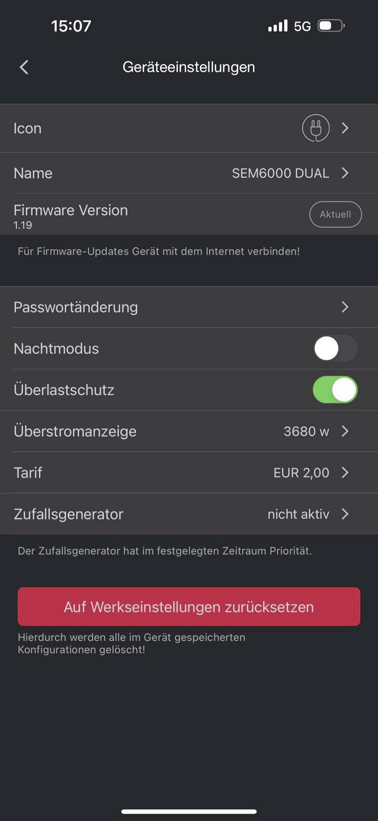 Device Settings with icon, Firmware version 1.19, Password setting, Night mode, Overload protection and Tariff 2.00 EUR. Option to reset to factory settings.
