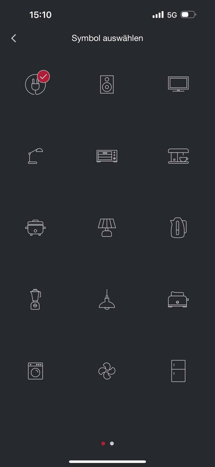 Symbols with red ticks. Top symbol selected, underneath symbols for speaker, television, lamp, air conditioning, kettle, mixer, washing machine, fan, fridge.