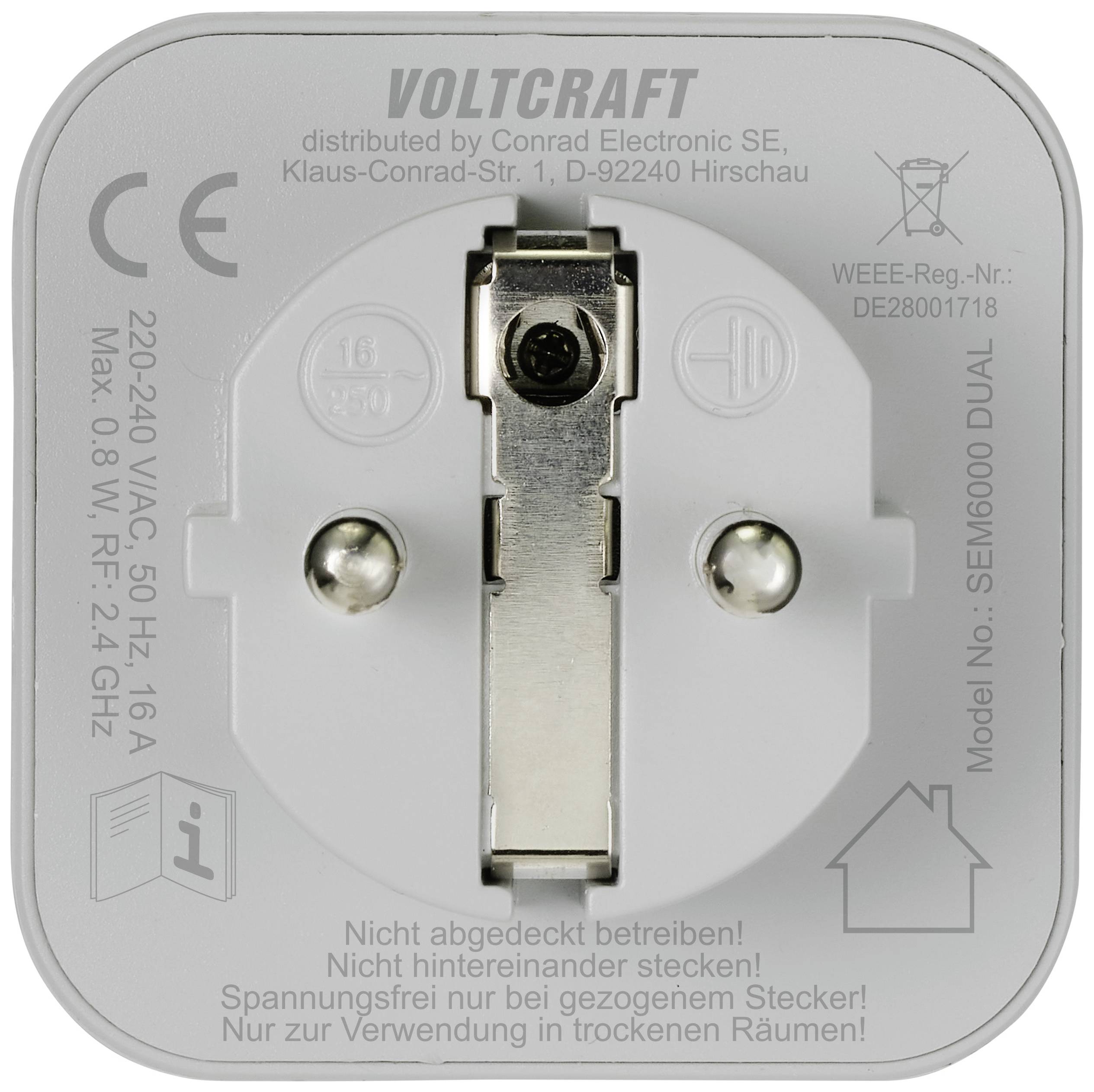 'VOLTCRAFT' Socket with inscription 'Do not operate uncovered!'. Contains technical data: 220-240V, 50Hz, 16A, Model No.: SEM6000 DUAL.