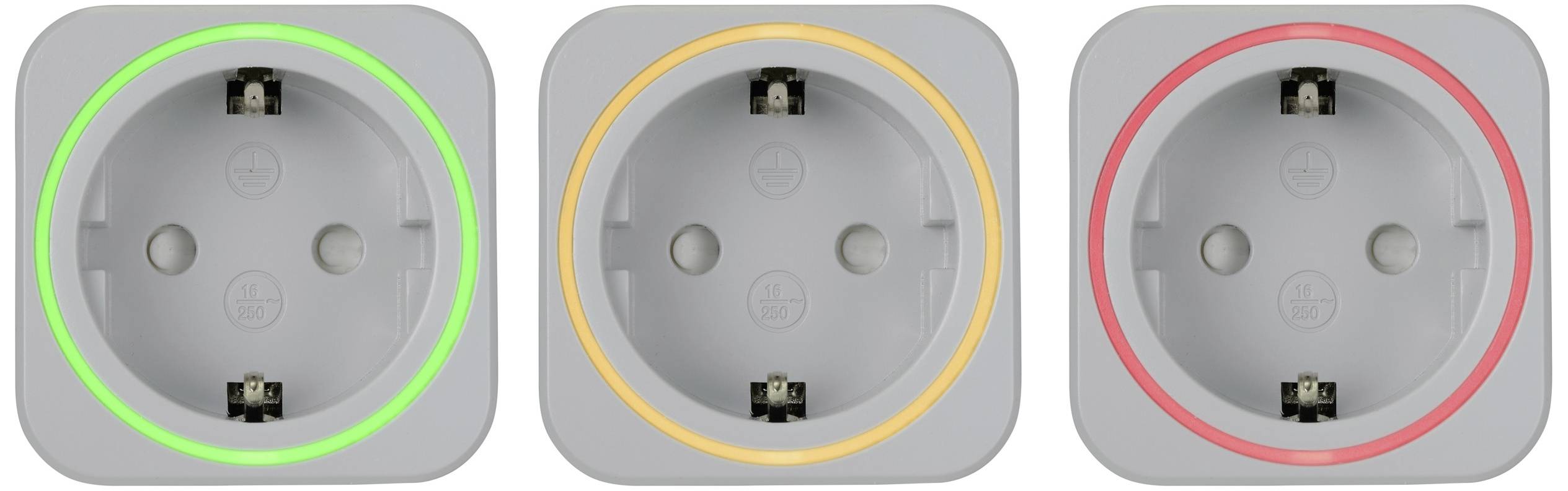 Three power sockets with LED rings: green, yellow, and red. They indicate energy consumption; green for low, yellow for medium, red for high.