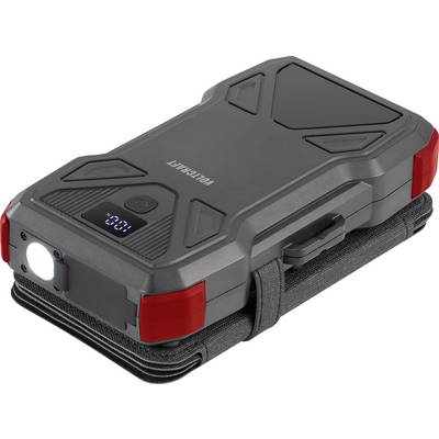 A black power bank with a digital display and torch, rugged design, suitable for outdoor use.
