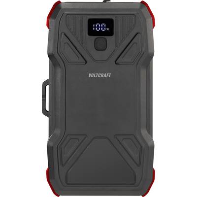 Black power bank device with a digital display showing '100%'. Robust design with red accents, suitable for outdoor use.