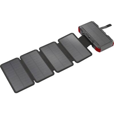 A portable solar panel with multiple foldable segments, suitable for mobile charging of electronic devices.