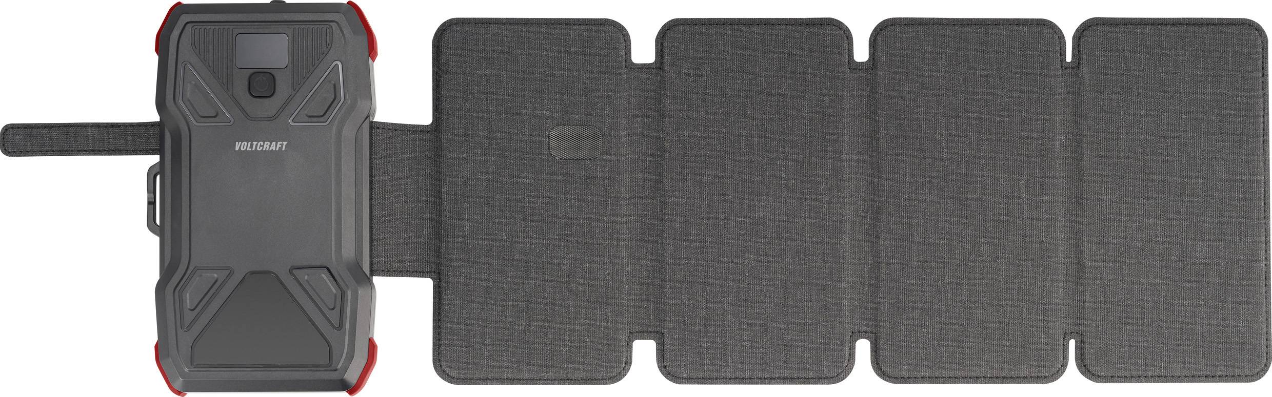 A black, portable solar charger with four foldable solar panels for energy generation. Closed on the left side of the illustration.