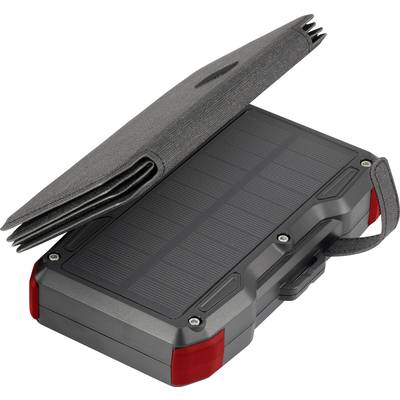 Portable solar panel charger with USB port and folding cover for outdoor use, designed to be compact and robust.