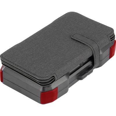 A closed, dark protective case for an electronic device, with red corner accents and a fastening strap.