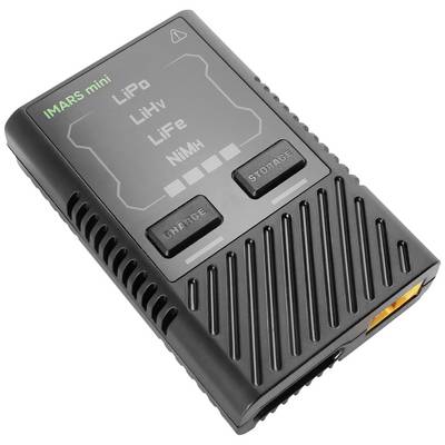 A black battery charger with multiple options for LiPo, LiHv, LiFe and NiMH batteries. Two buttons are labelled 'CHARGE' and 'STORAGE'.