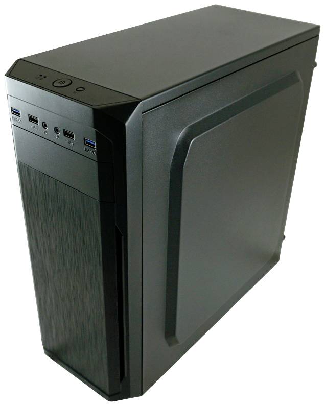 Black computer case with USB ports and buttons on the front panel, minimalist design.
