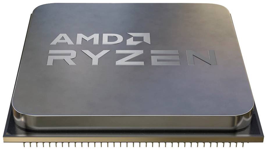 A silver AMD Ryzen processor chip, rectangular with rounded corners, with 'AMD Ryzen' written on the top surface.