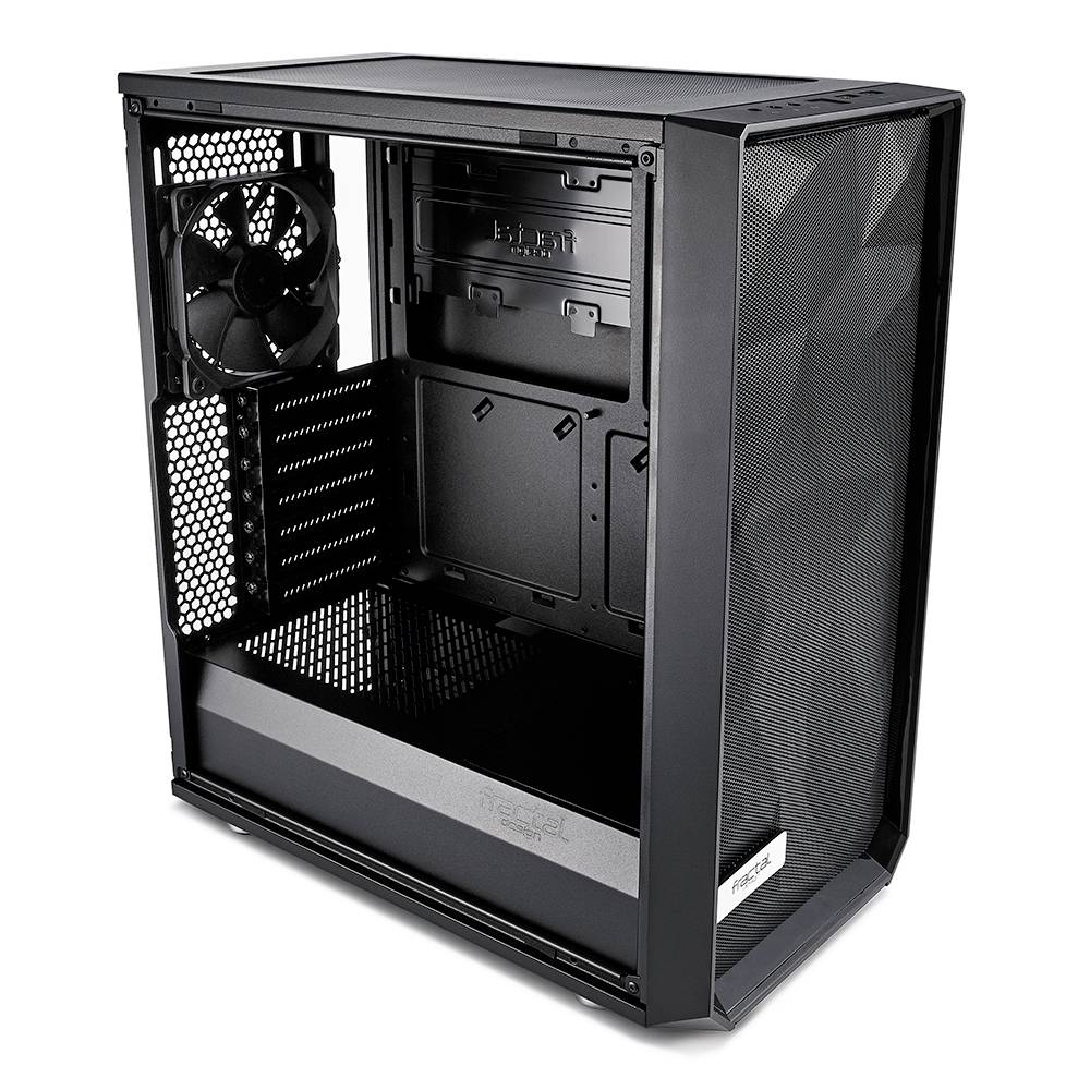 'Fractal Design PC case, opened, showing the interior with fans and slots for component installation.'