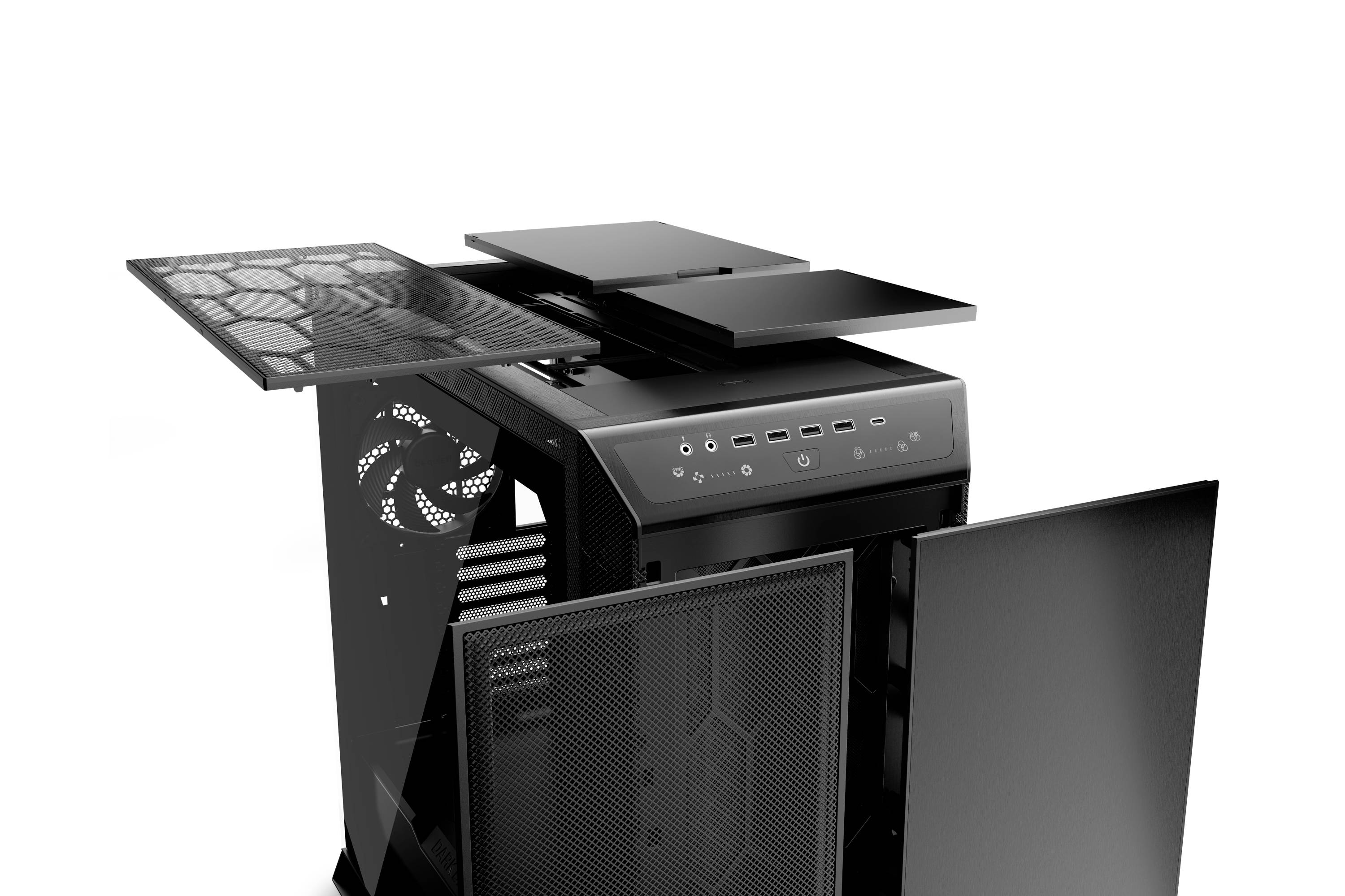 An open black computer case with a visible interior. Covers are removed from the top and sides, with fans and connections visible.
