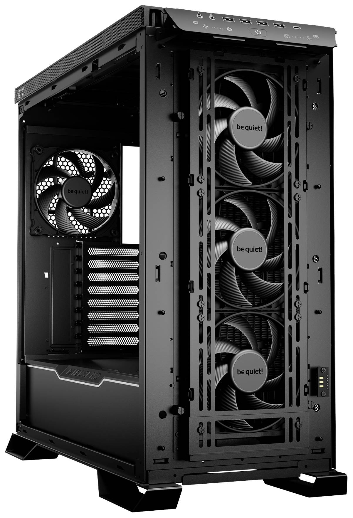 Black computer case with an open design, visible fans at the front, suitable for PC component installation, brand logo 'be quiet!'.