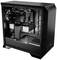 Gaming PC case with an open side panel, showcasing the GPU, CPU cooler, and cable management. Black, modern, and well-ventilated.