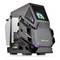 Gaming PC case with a futuristic design, LED lighting, and visible fans.