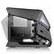 Black computer case with a side viewing window, open, reveals internal structure for hardware installation.