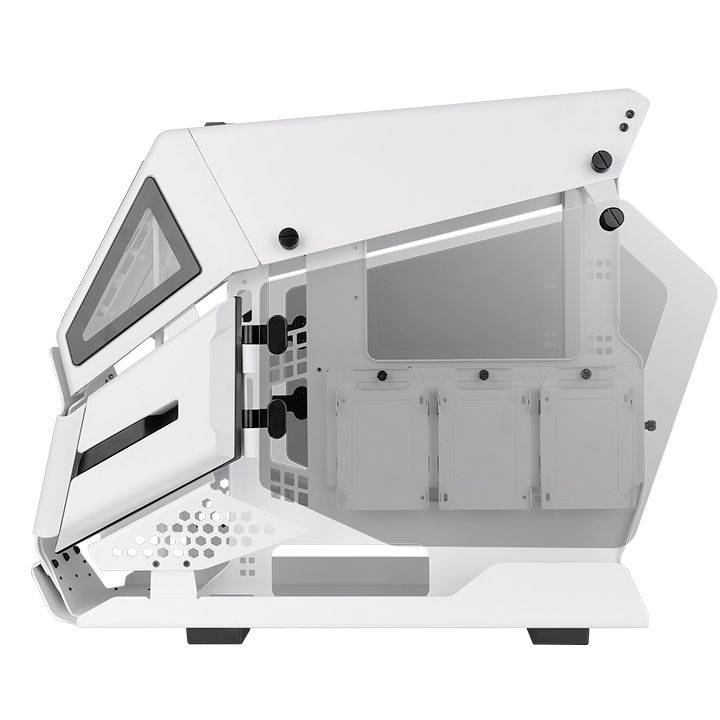 A white computer case with a futuristic design, multiple ventilation openings, and transparent side panels to showcase the internal components.