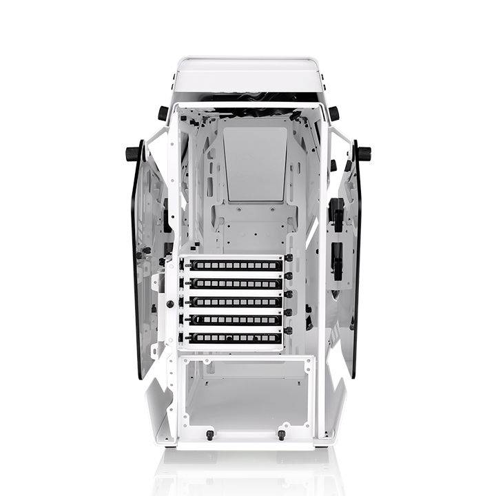 White, open computer cases with multiple hard drive bays. Side doors allow easy access to the interior.