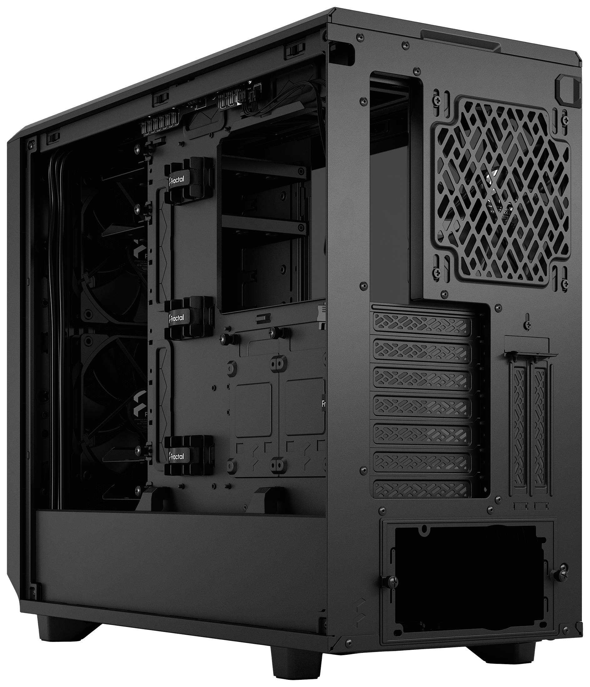 Black computer case without front and side covers, revealing internal fans, hard drive bays, and expansion slots.