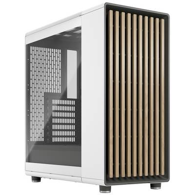 Computer case in white with a side window and a front panel featuring wooden slats, suitable for building a computer.
