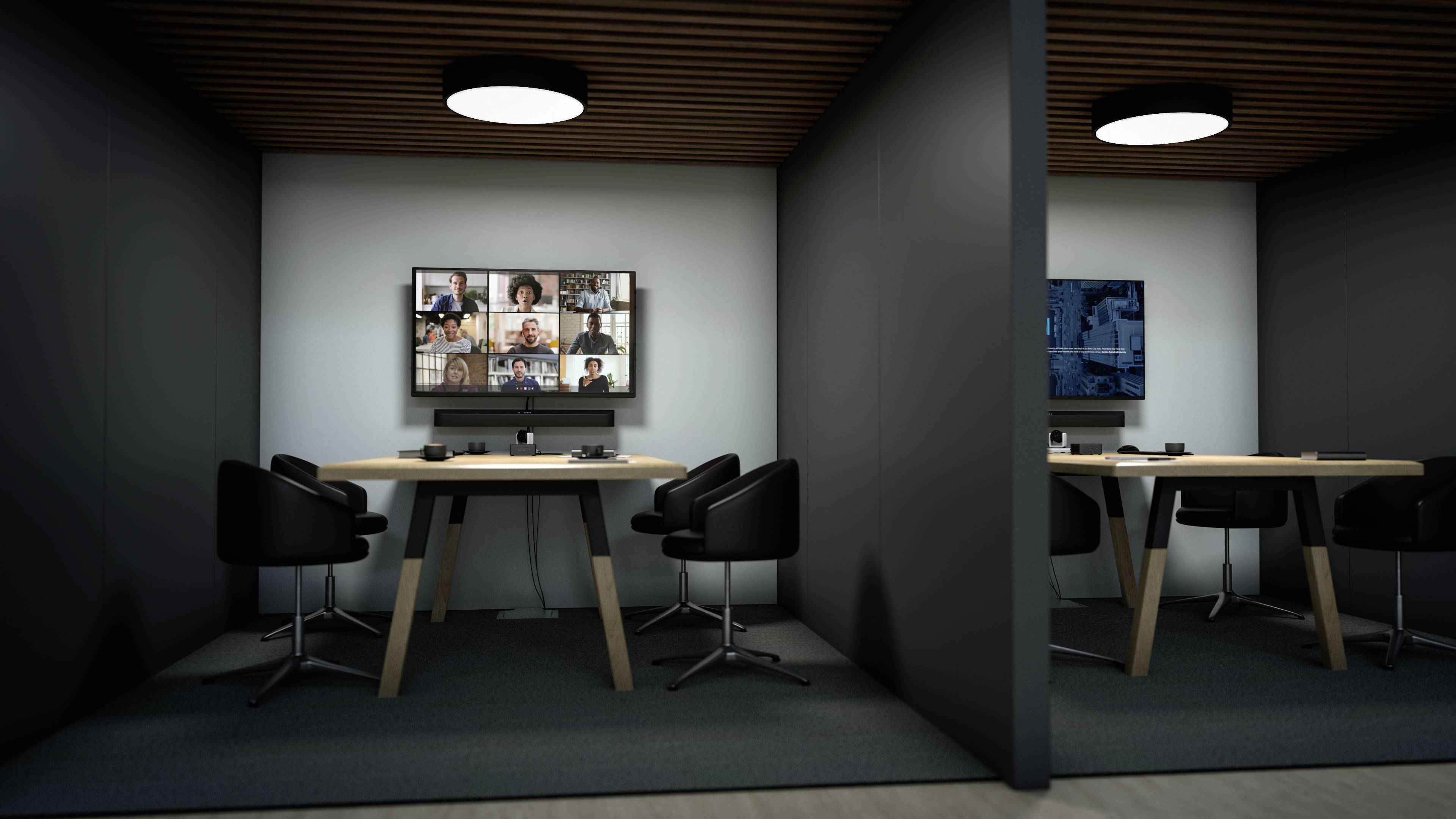 Two modern meeting rooms with video conferences on screens. Each room has a table with four chairs and dark walls.