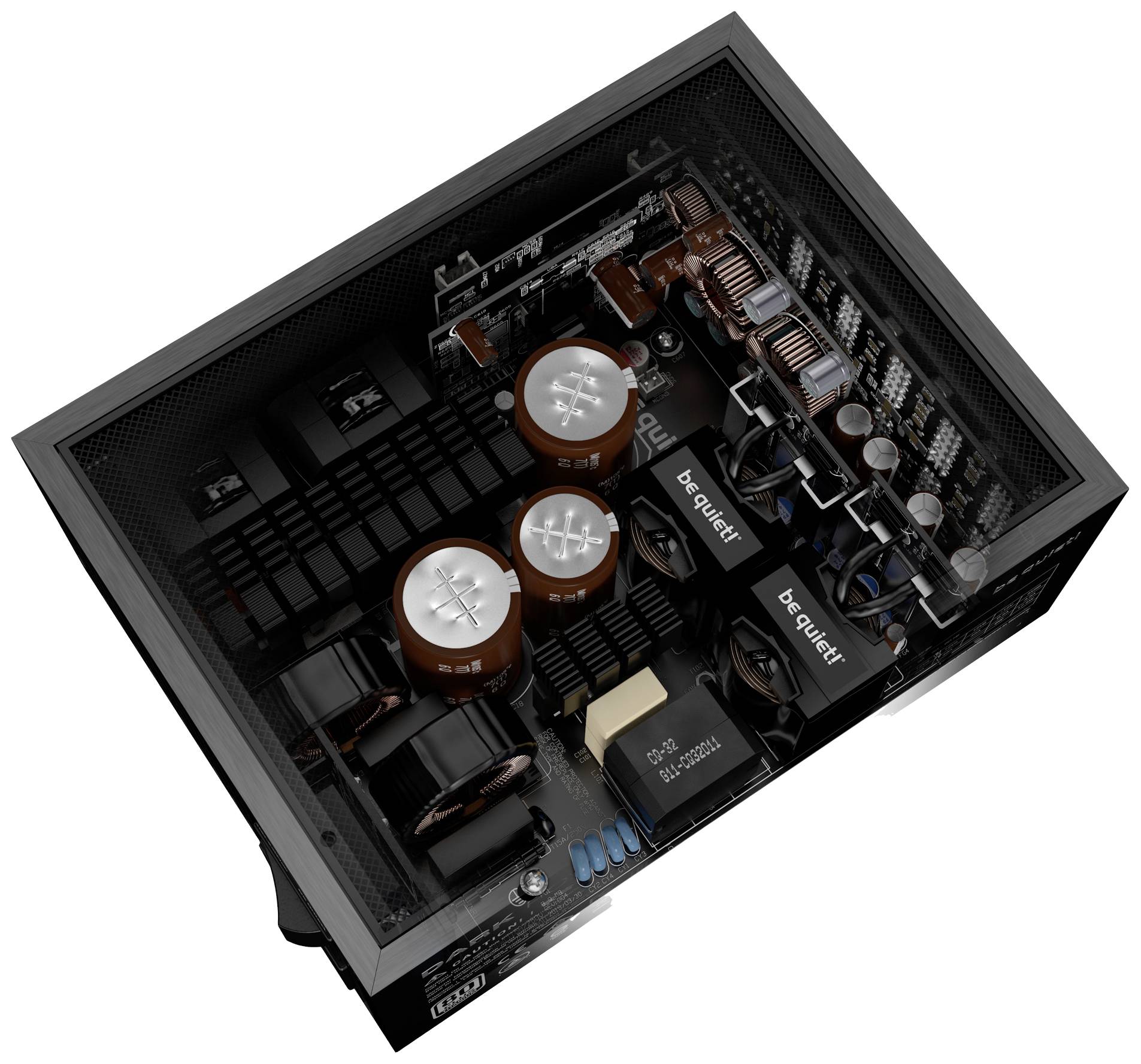 An open electronic device with visible capacitors, transistors, and coils. The brand label 'be quiet!' is visible.