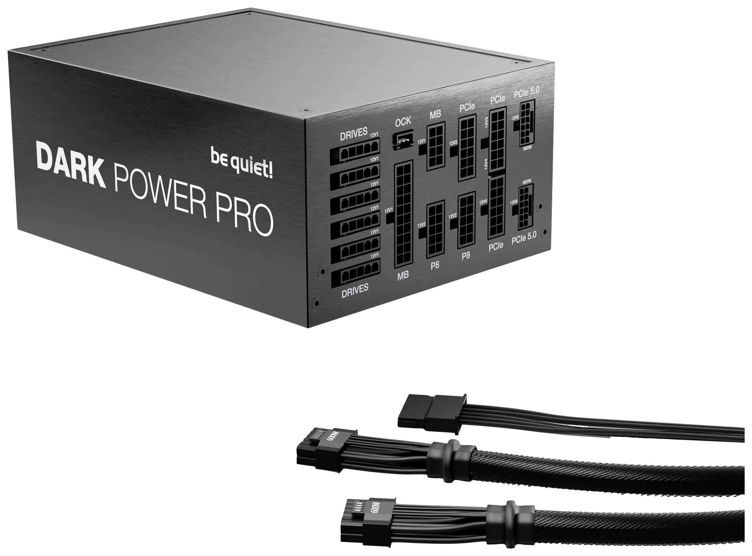 Power supply unit with the inscription 'DARK POWER PRO', showing various connection options for PC components.