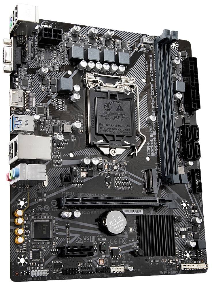 A black computer motherboard with multiple slots for RAM, ports for USB, Ethernet and audio, along with SATA ports.