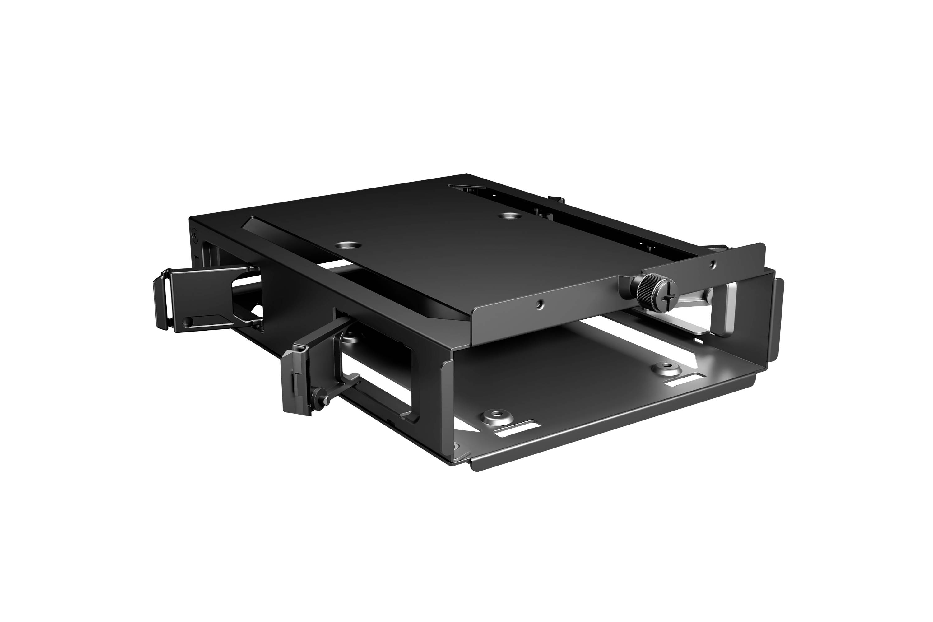 Black industrial metal frame, rectangular in shape with mounting slots and fastening elements, likely for storage purposes.