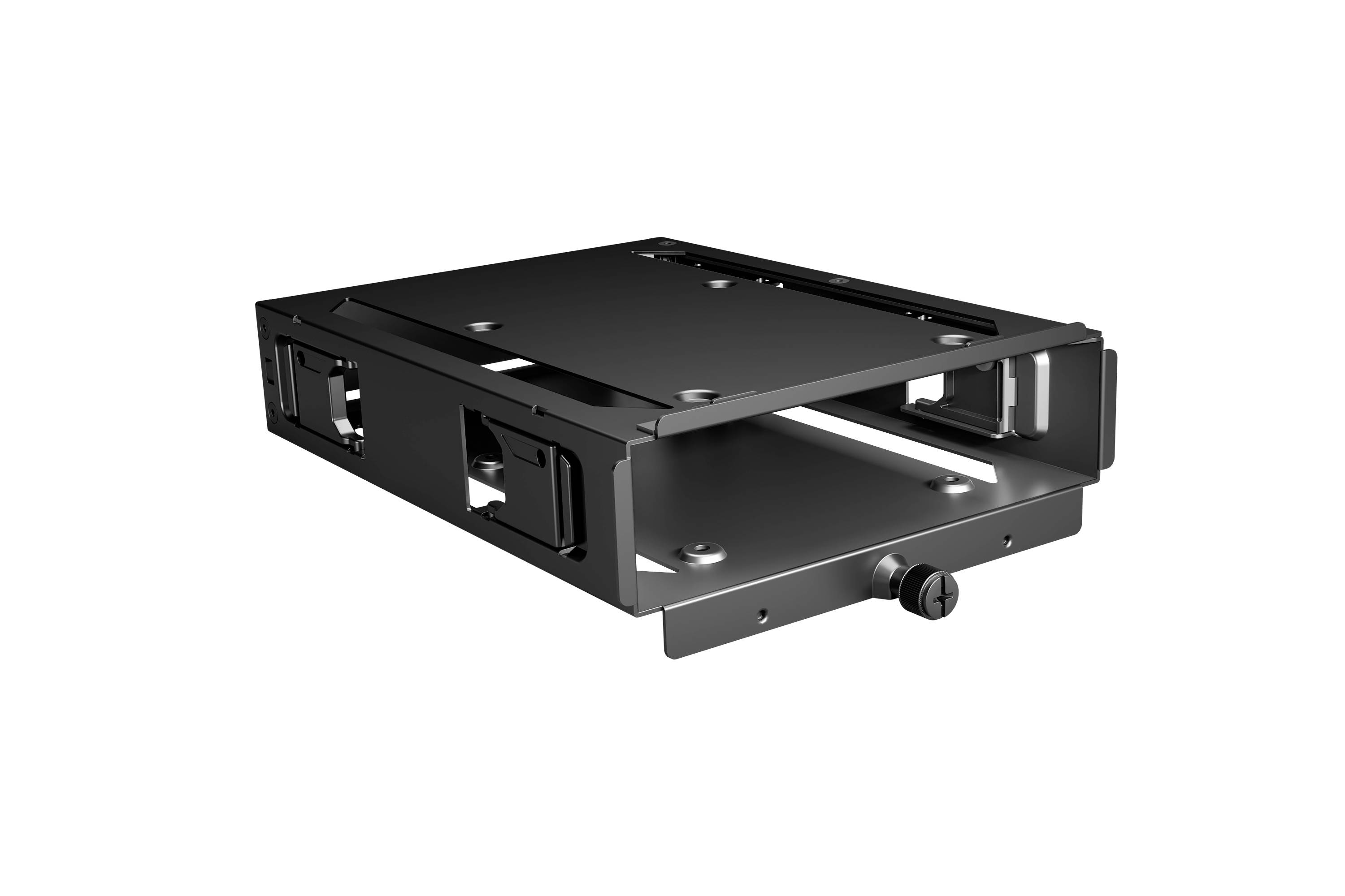Black metal mounting frame for hard drives, rectangular in shape, with side mounting rails and a securing screw at one end.