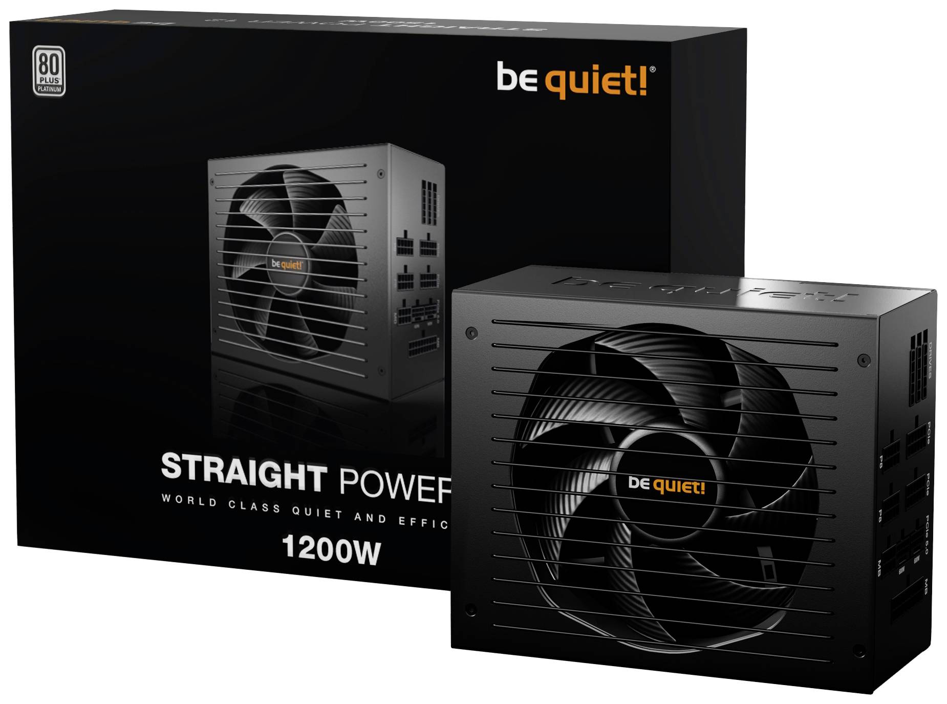 Power supply 'be quiet! Straight Power 1200W' in front of black packaging. Product offers quiet operation and high efficiency.