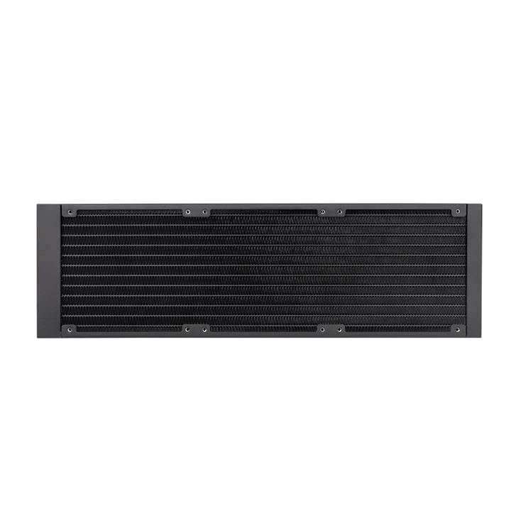 A black computer water cooling radiator with fins for heat dissipation, front view.
