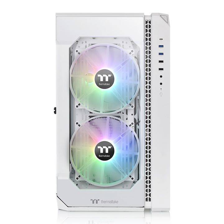 A white computer case with two large, illuminated fans on the front displays a brand logo in the centre.