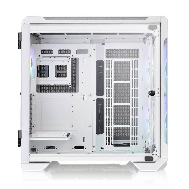 White, empty computer case with transparent side panel, multiple fan mounting locations, and cable management options. Suitable for gaming PCs.
