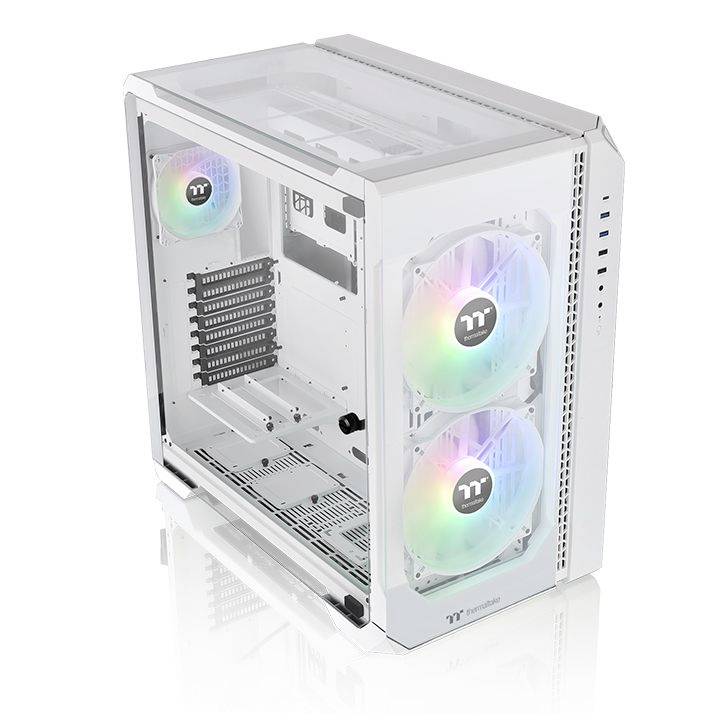 White gaming PC case with a glass side panel, showcasing colourful RGB fans installed at the front and rear.