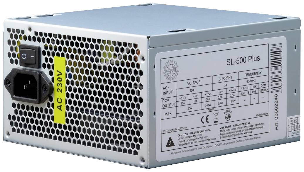 A PC power supply unit labelled 'SL-500 Plus'. Displays a table with voltage and current ratings.