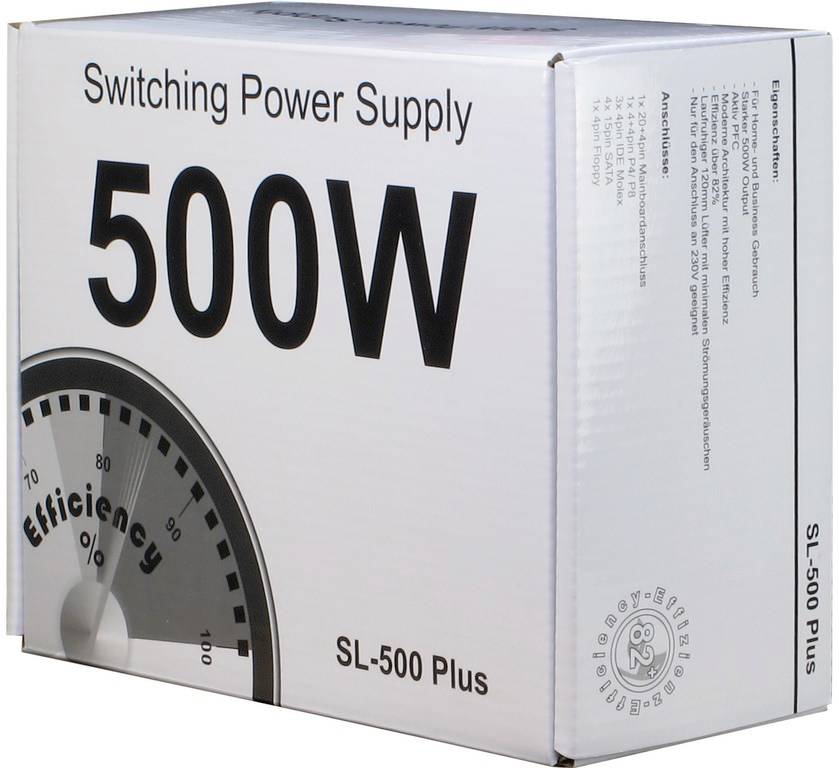 Packaging for '500W Switching Power Supply'. Shows efficiency indicator, Model SL-500 Plus. Targeted at computer enthusiasts.