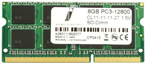 An 8GB PC3-12800 SO-DIMM RAM module with technical specifications: CL11, 1.5V, serial number, and manufacturer-specific markings.