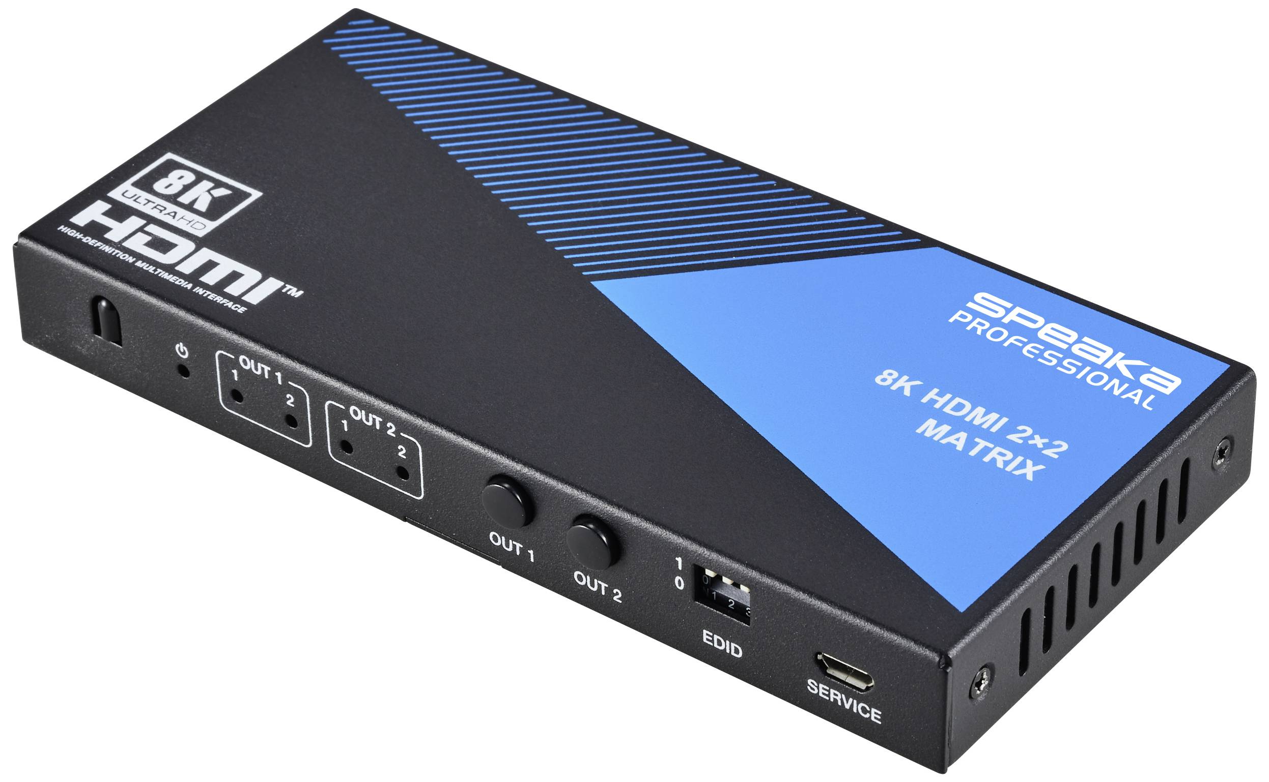 Black HDMI splitter with blue corner and inscription '8K HDMI 2x2 Matrix'. Four ports at the front and service port on the right.