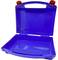 Blue, open plastic case with handle and two red clasps on top, with no visible contents.