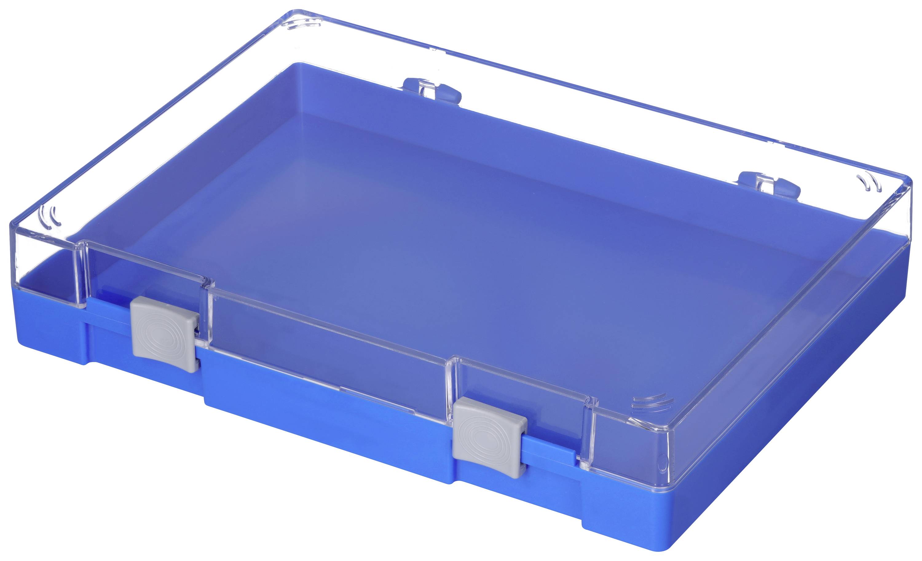 Blue plastic storage box with a transparent lid and two grey latches, suitable for storing or organising items.