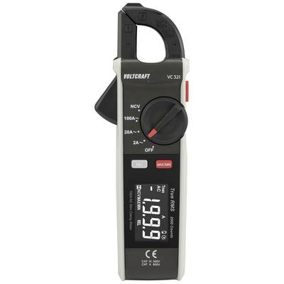 Zange-Multimeter shows 19.99 amperes. Functions: True RMS, AC/DC measurements, maximum current 100 A. Brand name at the top.